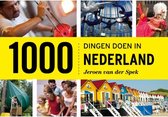 Boekomslag "1000 dingen doen in Nederland" met collage van Nederlandse activiteiten.