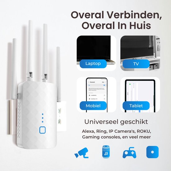 Prise amplificateur WiFi DynaBright - 1200 Mbit/s - Répéteur WiFi - 5G & 2,4 G - Dual bande - Booster WiFi - Extendeur WiFi