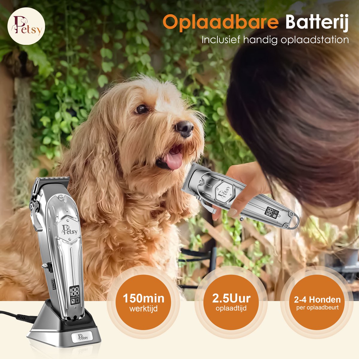 Petsy Professionele Hondentondeuse - 2-in-1 Dieren tondeuse voor Dikke Vacht - Stil - Scheerapparaat voor Honden en Katten - Honden Trimmer - Inclusief Oplaadstation thumbnail 2