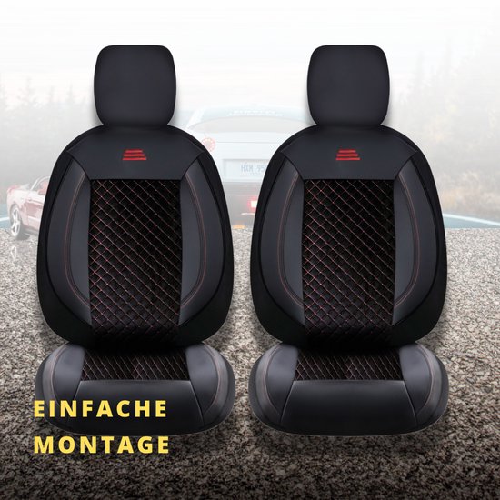 Autostoelhoezen voor Porsche Macan 2014 in pasvorm| Set van 2 stuks | Bestuurder + Passagiersstoel AIS Serie | AIS101 | Zwart met rode stiknaden