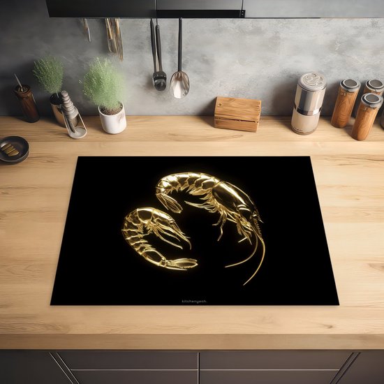 KitchenYeah® Inductie beschermer 65x50 cm - Garnalen - Zwart - Goud - Kookplaataccessoires - Afdekplaat voor kookplaat - Inductiebeschermer - Inductiemat - Inductieplaat mat - Keuken decoratie