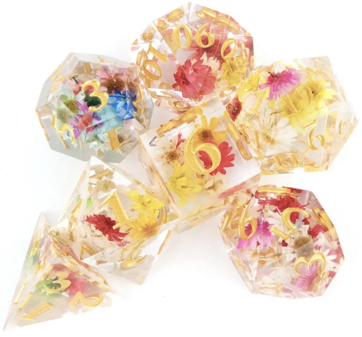 Joya Dice® Polydice Dobbelsteen set geschikt voor rollenspellen zoals Dungeons and Dragons D&D DnD | Dobbelstenen Set | Dice set | Resin 7 stuks set | Incl Luxe Opbergdoos | Transparant met gekleurde Bloemen