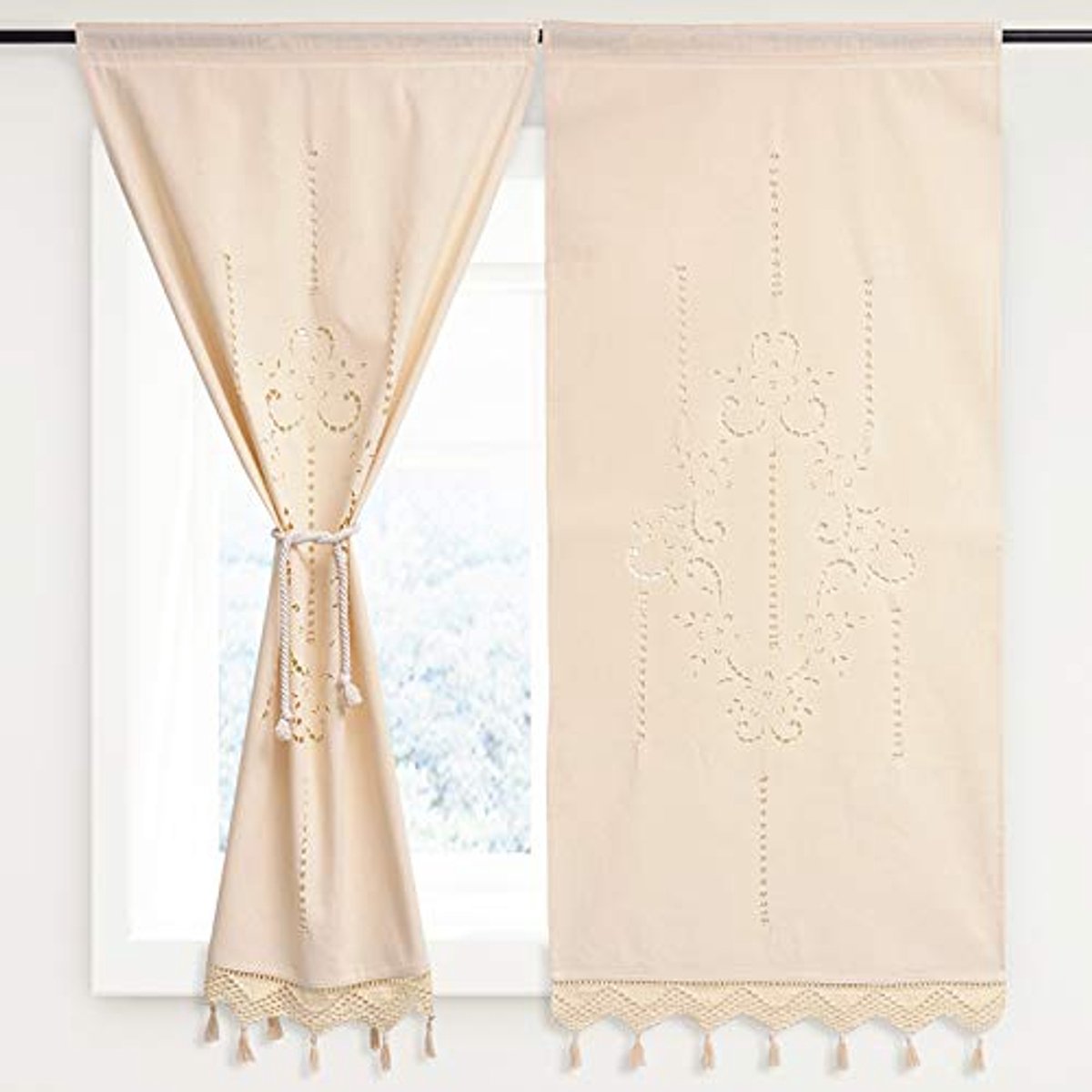 My Ninki ® Vintage Geborduurde Linnen-Katoenen Gordijnen voor Keuken en Eetkamer, Set van 2 beige