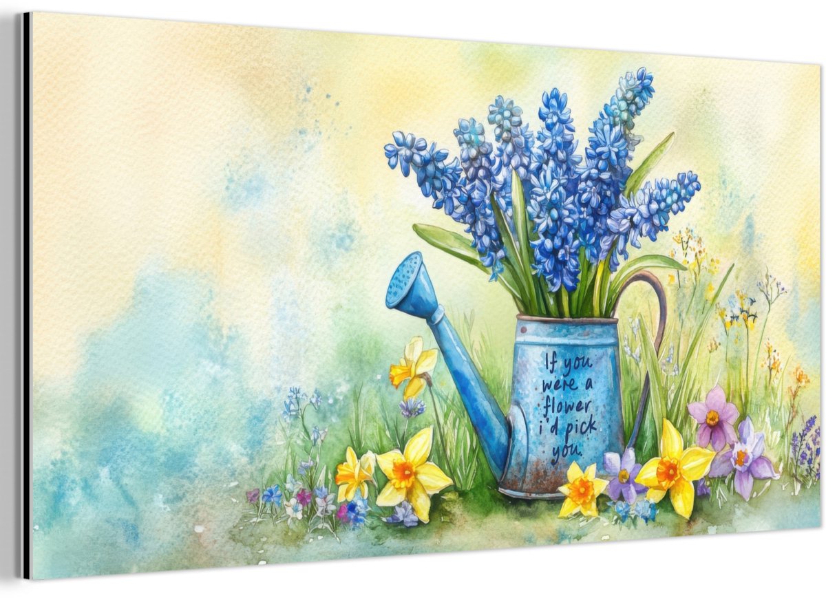 Aluminium schilderij 80x40 cm - Wanddecoratie metaal - Lavendelbloemen - Quote - Gieter - 