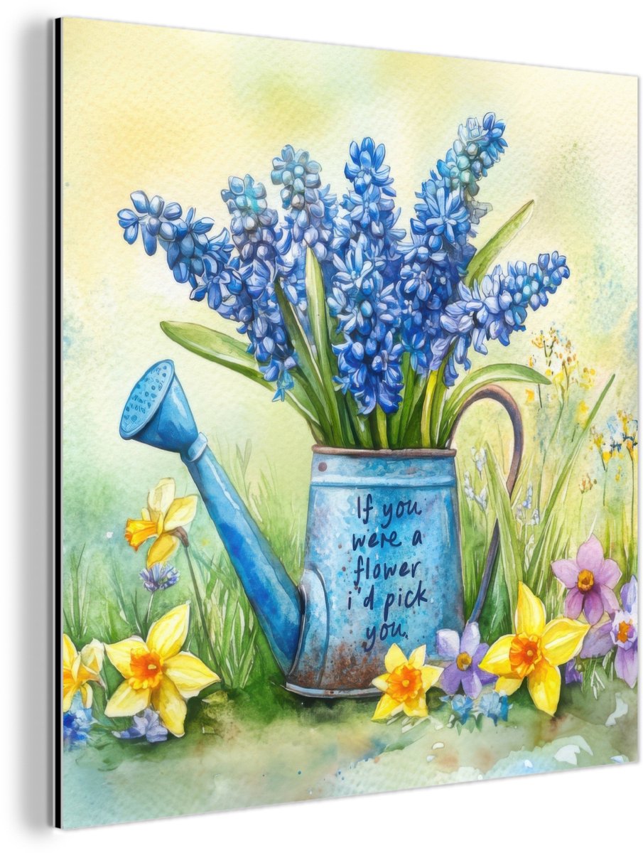 Aluminium schilderij 90x90 cm - Wanddecoratie metaal - Lavendelbloemen - Quote - Gieter - 