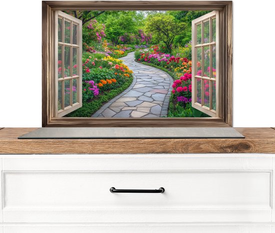 Crédence de Cuisinière en Aluminium 60x40 cm - Vue - Fleurs - Chemin de jardin - Nature - Fenêtre - Écran Pare-éclaboussures pour Plaque de Cuisson - Protection Murale