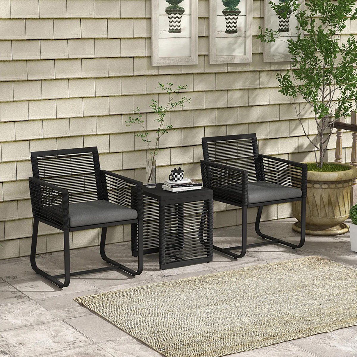Sweiko Tuin Bistroset - 3-Delige Balkonset - 53cm x 57cm x 77cm - Patioset - Weerbestendig - Modern Ontwerp - Zwart + Grijs