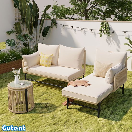 Gutent Tuin loungestoelset - Met ijzeren frame - Gemaakt van gevlochten touw - Met tafel - Beige