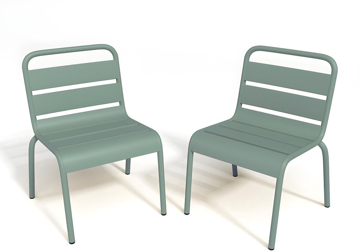 Vente-unique Set van 2 tuinstoelen voor kinderen POPAYAN - Opstapelbaar - Metaal - Amandelgroen L 43 cm x H 55.5 cm x D 39 cm