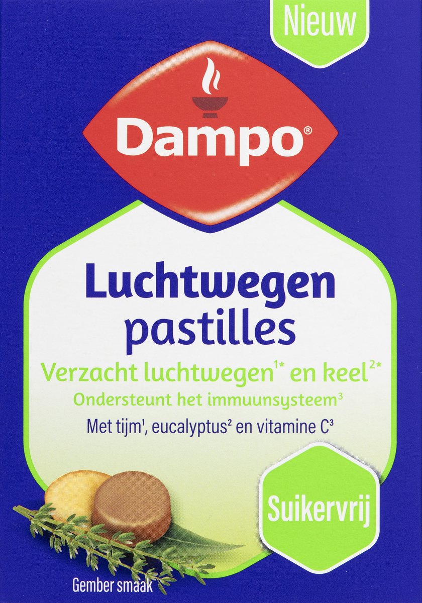 Goedkoopste Dampo Luchtwegen Pastilles - Suikervrij - Verzacht luchtwegen met tijm en keel met eucalyptus - Vitamine C ondersteunt het immuunsysteem - gember smaak - 24 pastilles