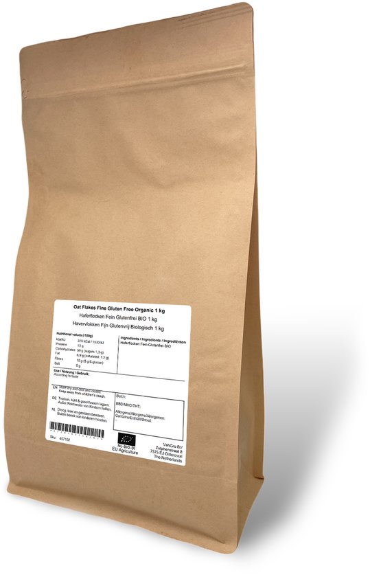 Bruine papieren zak met etiket waarop 'Havervlokken Fijn Glutenvrij BIO 1 kg' staat.