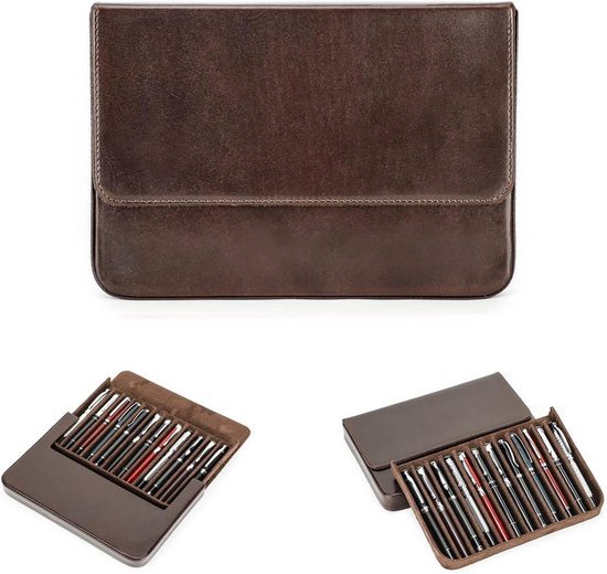 Foto: Pennenetui voor 12 pennen plantaardig gelooid leer vulpenopbergdoos met magnetische sluiting koffiebruin organizer voor 12 pennen