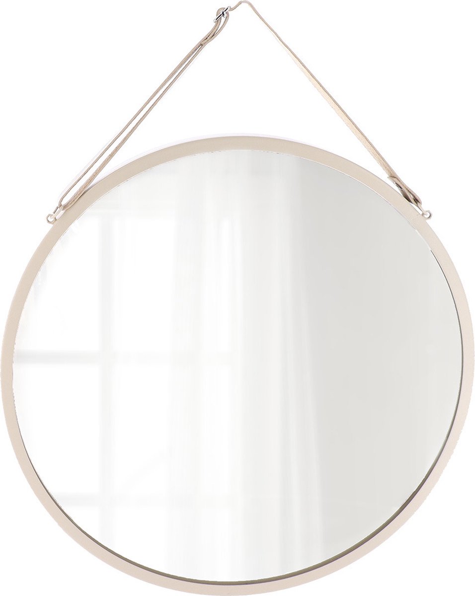 Tendance Wandspiegel - beige - D38 cm - metaal met lederlook riem - hangspiegel - ophangbaar