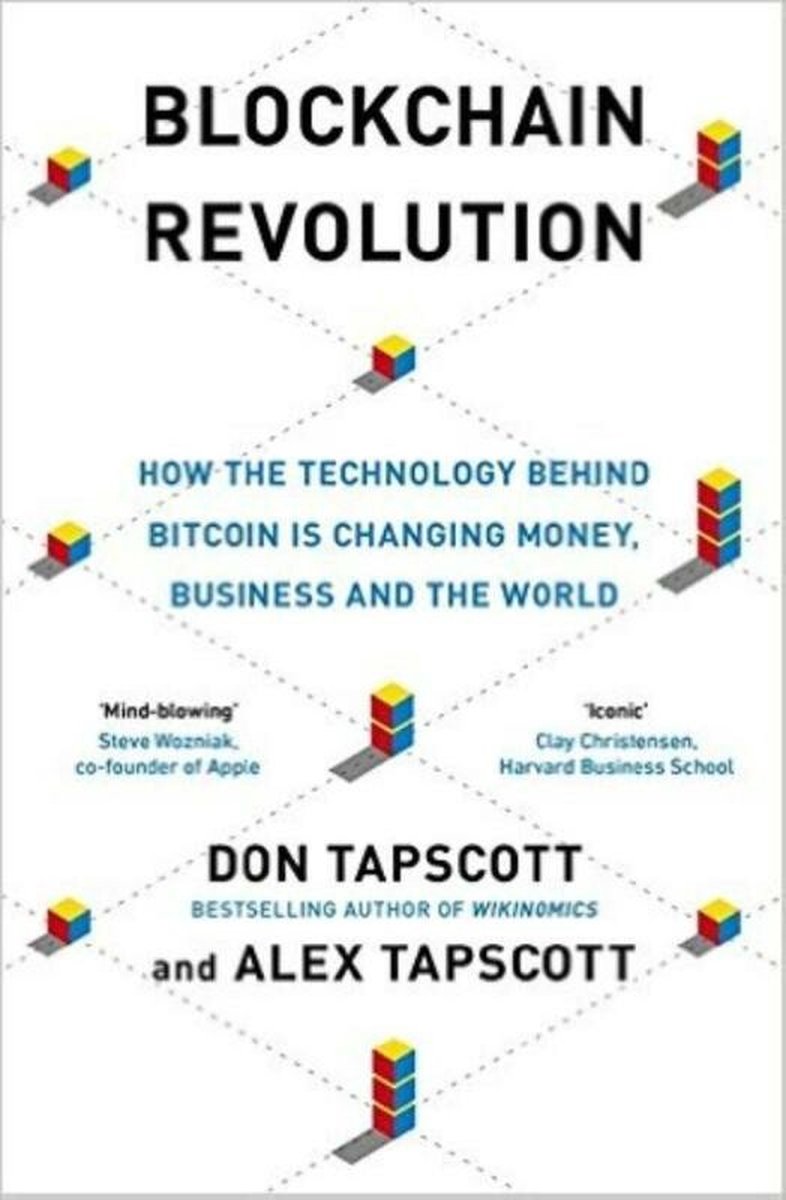 Boekomslag: "Blockchain Revolution" met de ondertitel "Hoe de technologie achter Bitcoin is veranderend geld, zaken en de wereld."