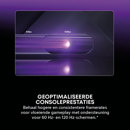 Illustratie van geoptimaliseerde consoleprestaties met 60fps en 120fps.