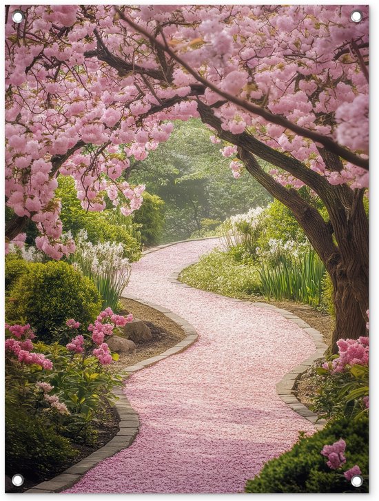 Tuinposter 60x80 cm - Tuindecoratie Kersenbloesem - Natuur - Sakura - Pad - Japanse tuin - Poster voor in de tuin - Buiten decoratie - Schutting tuinschilderij - Tuindoek muurdecoratie - Wanddecoratie balkondoek