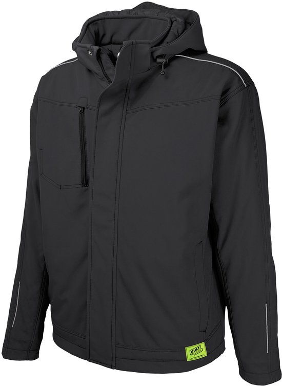Zwarte TMG KULT WORKER softshell jas met capuchon. Met ritssluiting, borstzakje met rits en reflecterende biezen op mouwen en schouders.