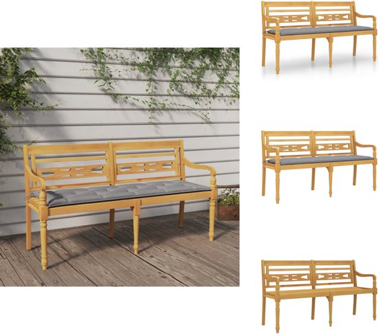 vidaXL Banc Batavia - Bois - 150x51,5x84 cm - kussen Grijs - Banc de jardin