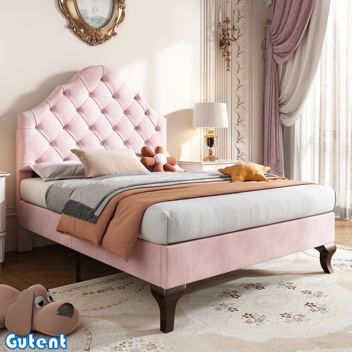 Gutent Eenpersoonsbed-90*200cm-met in hoogte verstelbaar hoofdeinde-Velours-pink-Zonder matras
