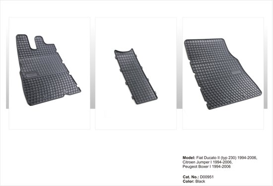 Zwarte rubberen automatten voor Fiat Ducato, Citroën Jumper en Peugeot Boxer, met een antislip roosterpatroon.