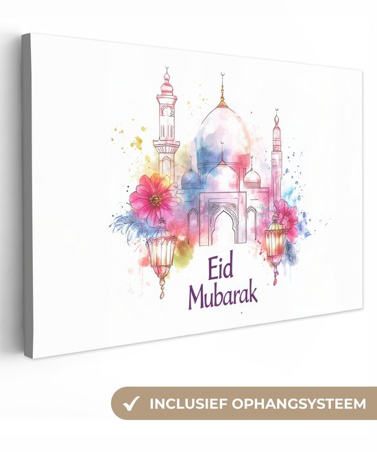 Canvas schilderij 120x80 cm - Exclusieve wanddecoratie Moskee - Eid Mubarak - Suikerfeest - Kleurrijk - Ramadan - Islamitische - Muurdecoratie woonkamer - Slaapkamer decoratie - Kamer accessoires - Schilderijen op canvas