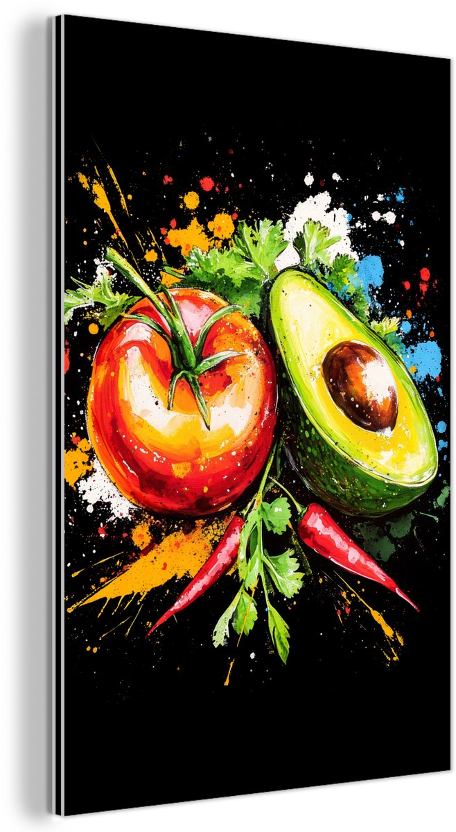 Aluminium schilderij 60x90 cm - Wanddecoratie metaal - Tomaat - Avocado - Peper - Graffiti
