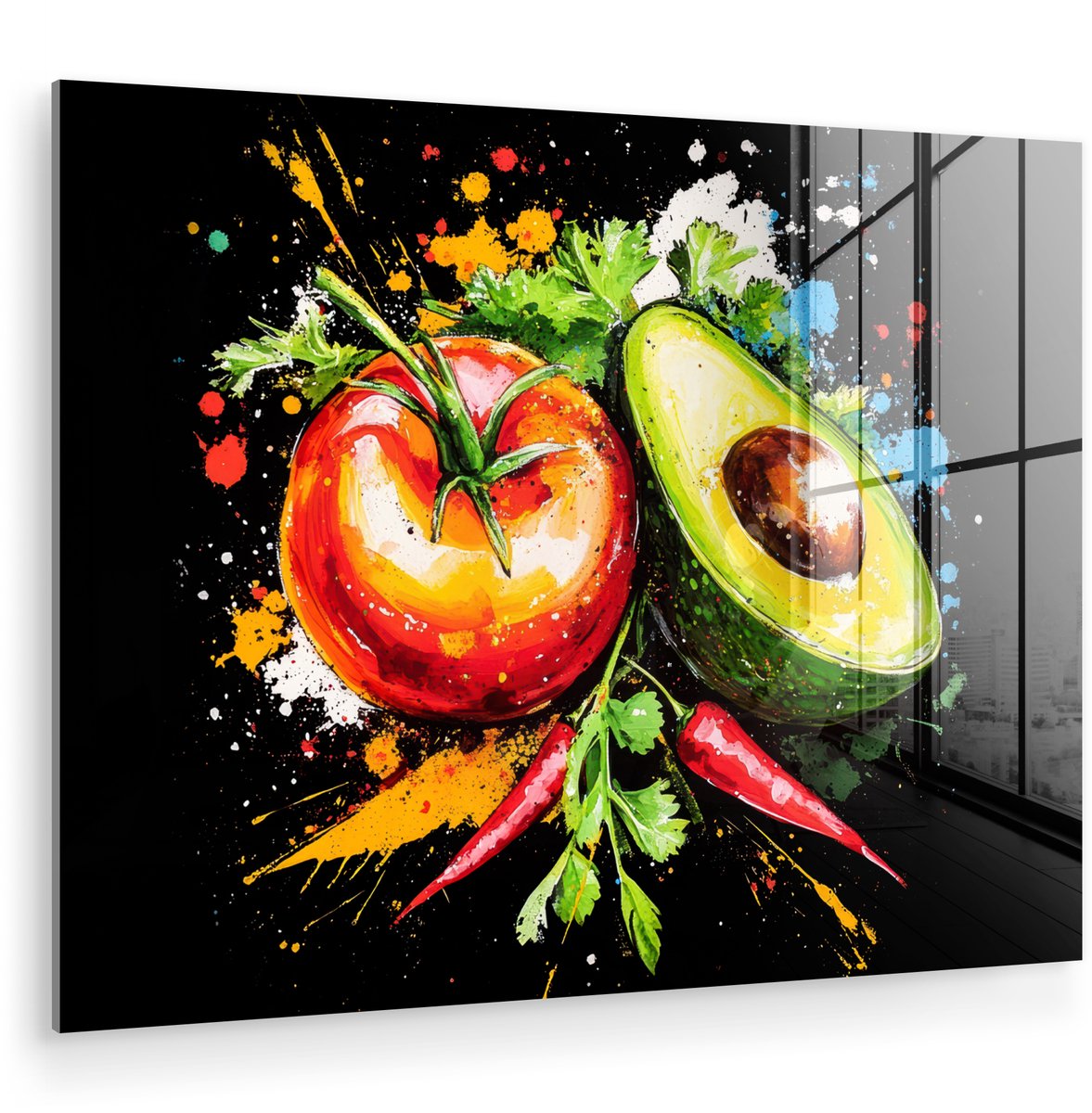 MuchoWow® Glasschilderij 80x60 cm - Schilderij acrylglas - Tomaat - Avocado - Peper - Graffiti - Verf - Modern - Foto op glas - Muurdecoratie woonkamer - Wanddecoratie slaapkamer - Schilderijen