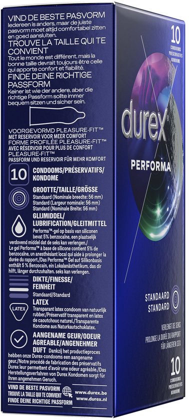 Zij-aanzicht Durex Performa condoomverpakking. Bevat informatie over maat, glijmiddel en dikte. 10 stuks.