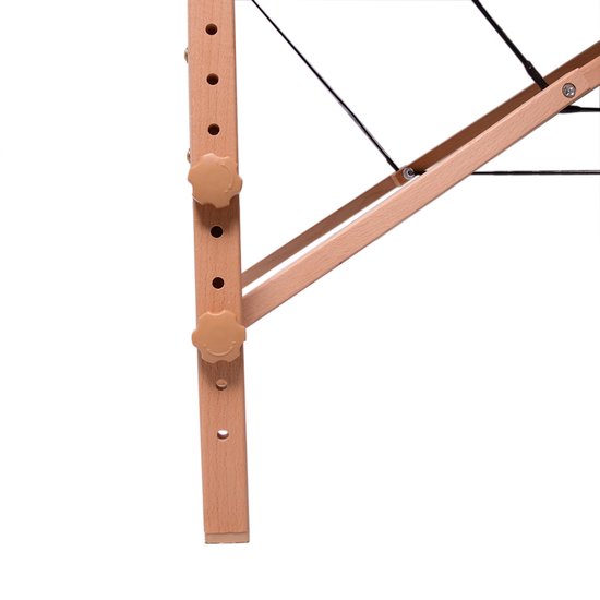 Detail van het houten onderstel van de Alora massagetafel, met verstelbare knoppen.