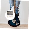Elektrische gitaar met gekleurde fretboard stickers op de hals. Boven de gitaar een cirkel met stickervellen.