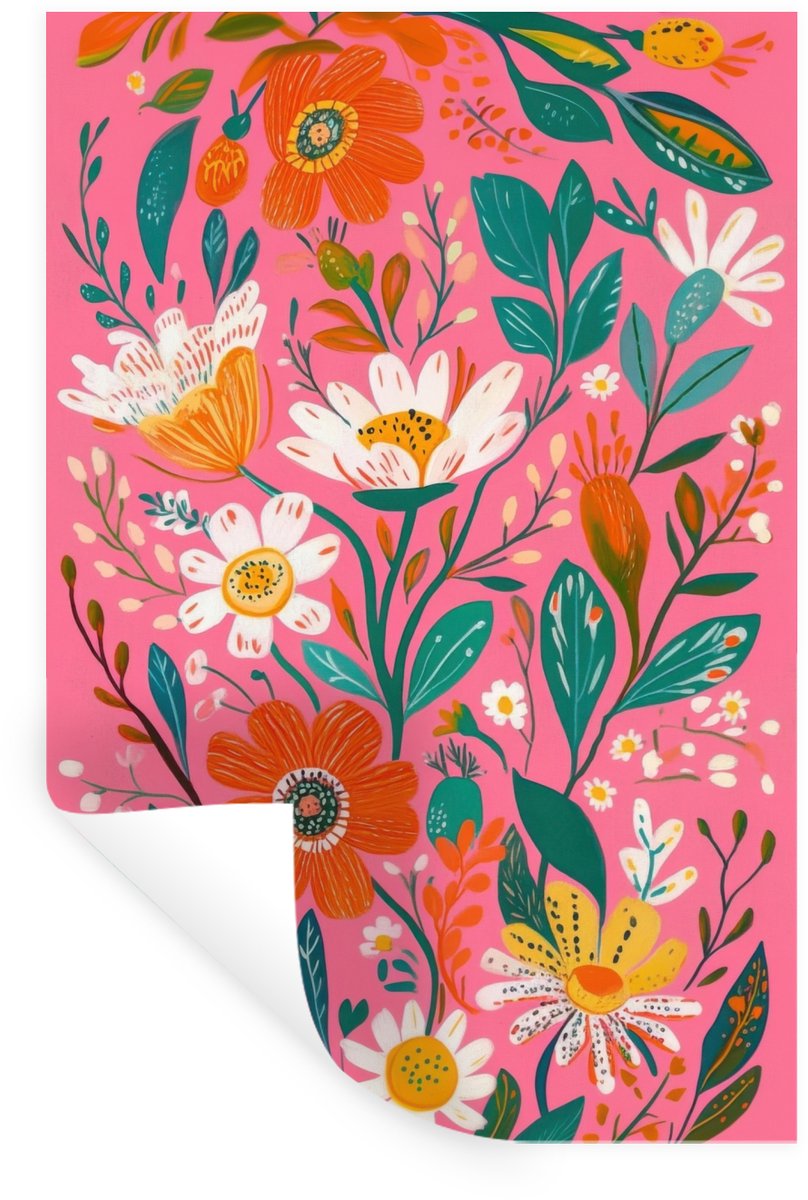 Muurstickers - Sticker Folie - Roze - Bloemen - Wit - Oranje - 20x30 cm - Plakfolie - Muur