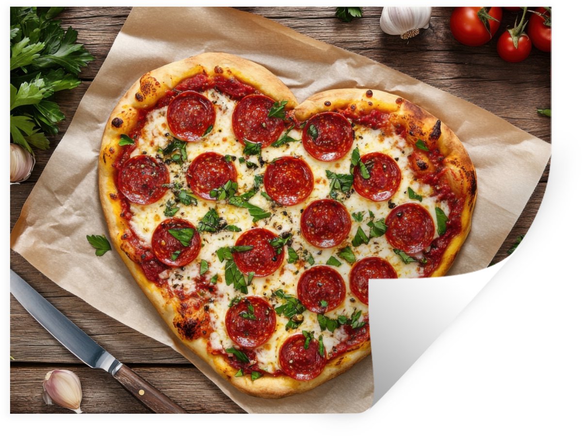 Muurstickers - Sticker Folie - Pizza - Hart - Pepperoni - Tomaat - 120x90 cm - Plakfolie -