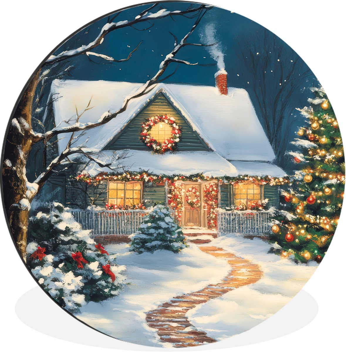 WallCircle Wandcirkel - Muurcirkel - Kerst - Kerstboom - Winter - Huis - Sneeuw - Aluminium - Dibond - 60x60 cm - Binnen en Buiten Huis - Kerstboom