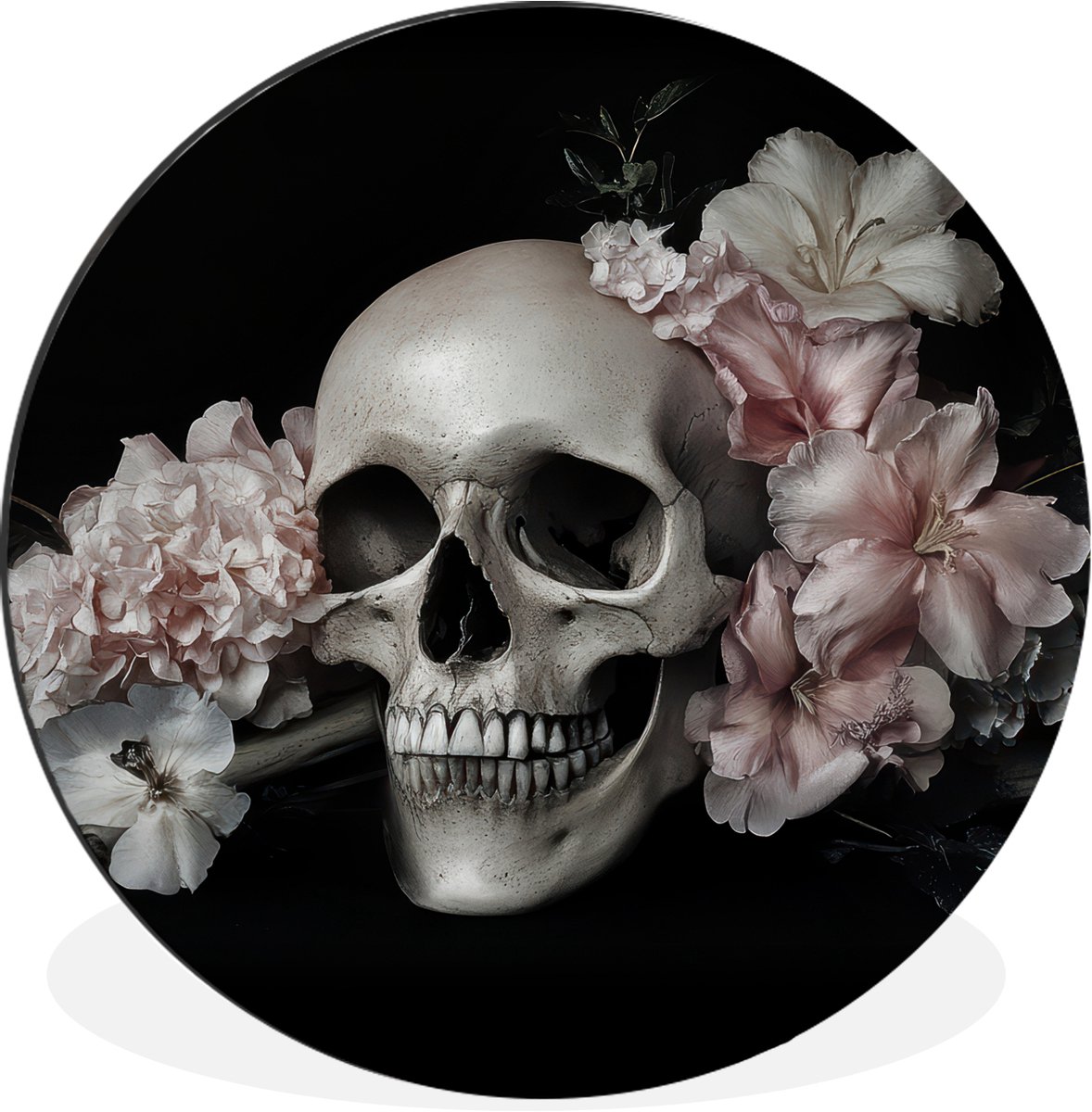 WallCircle Wandcirkel - Muurcirkel - Skelet - Bloemen - Pink - Schedel - Botten - Aluminium - Dibond - 60x60 cm - Binnen en Buiten