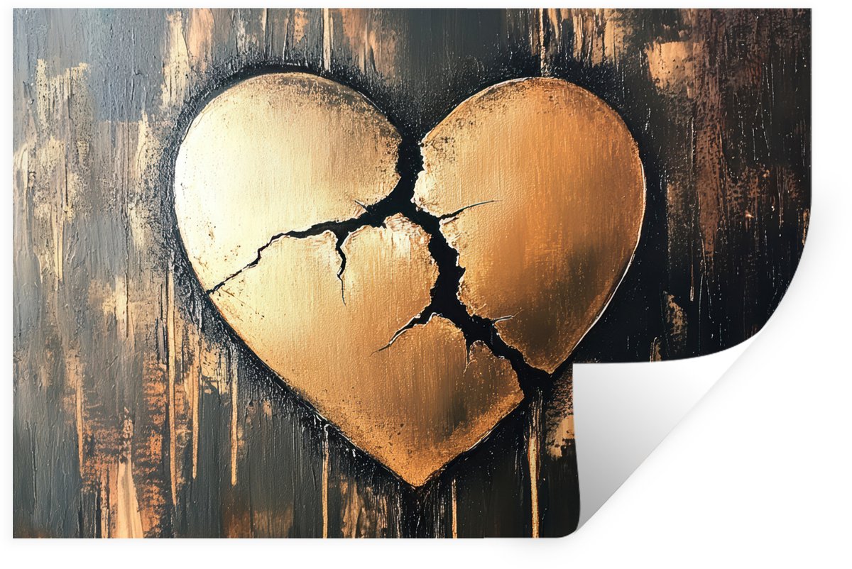 Muurstickers - Sticker Folie - Gebroken hart - Goud - Houtlook - Liefde - 120x80 cm - Plak