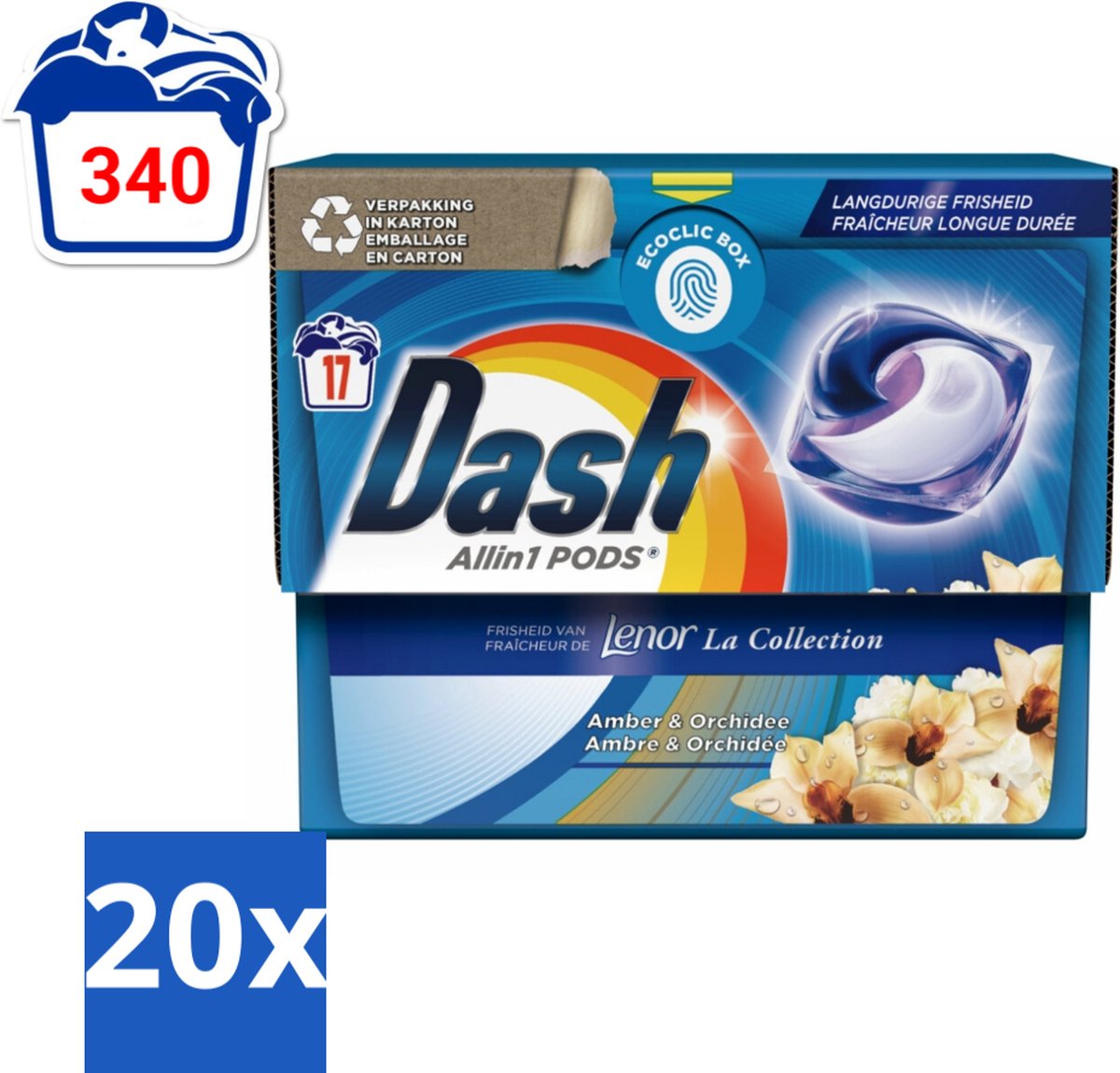 Dash - Lenor Collectie - Wasmiddel Capsules - All-in-1 Pods - Witte en Gekleurde Was - Amber & Orchidee - 17 Wasbeurten - Bulkverpakking - 20 stuks