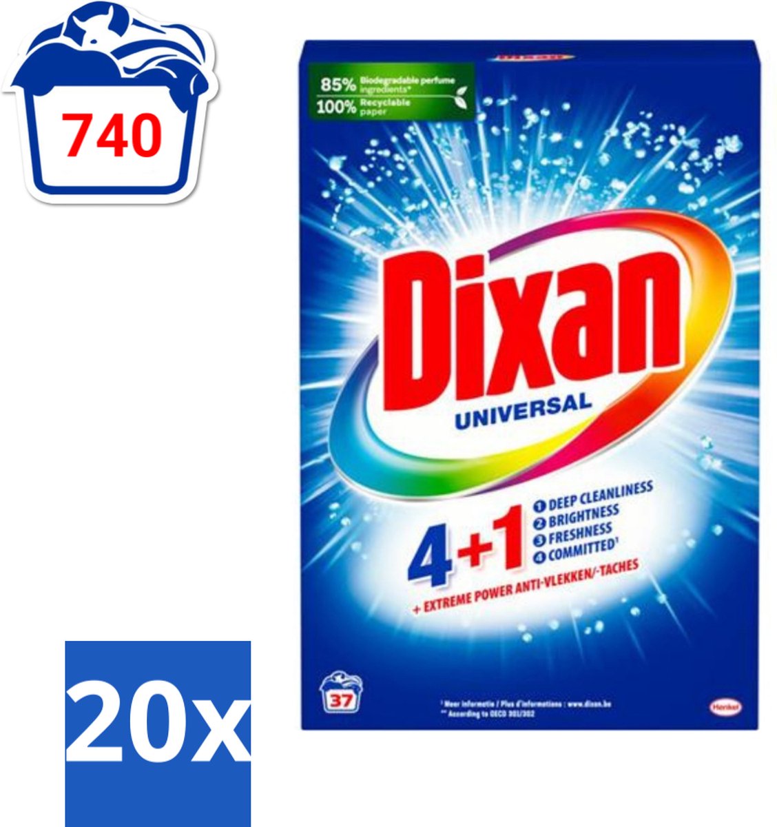 20 x Dixan Universal - Waspoeder en Vlekverwijderaar - Extreme Power - Witte en Gekleurde Was - 37 Wasbeurten - Waspoeder - Vlekkenverwijderaar - Wasmiddel - Witte Was - Gekleurde Was