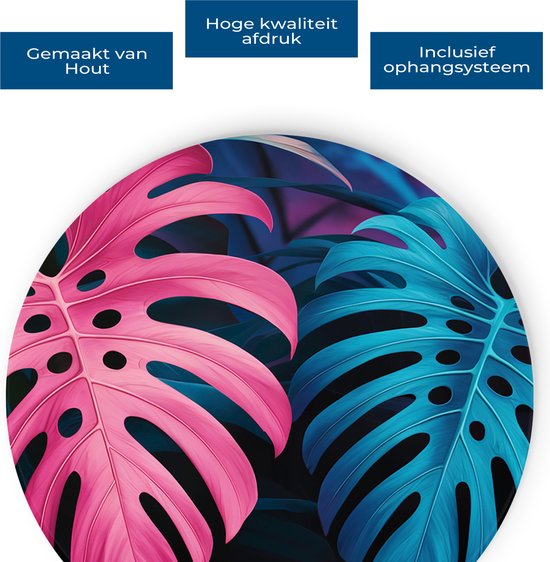 Saammp Muurcirkel Hout - Roze Blauwe Bladeren - Landschap - Natuur - Ø 80 - Wandcirkel - Wanddecoratie Cirkel - Muurdecoratie Woonkamer - Slaapkamer decoratie - Rond Schilderij