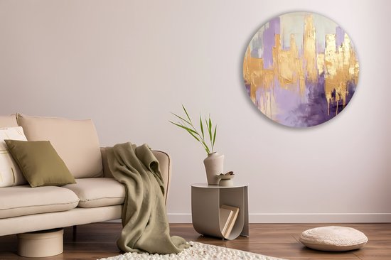Saammp Muurcirkel Hout - paars goude horizon - Abstract - Ø 90 - Wandcirkel - Wanddecoratie Cirkel - Muurdecoratie Woonkamer - Slaapkamer decoratie - Rond Schilderij