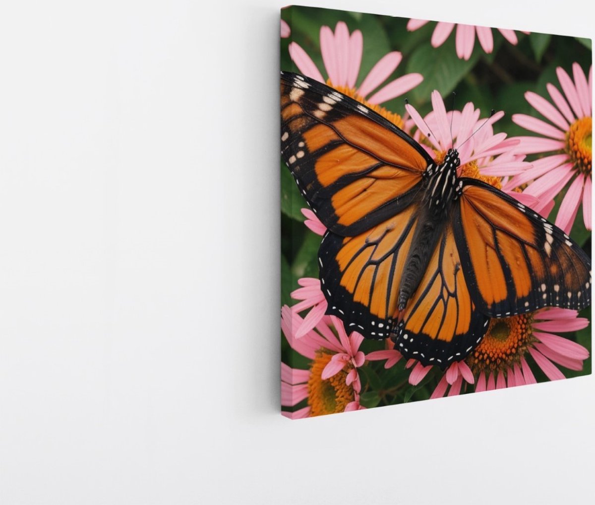 Saammp Canvas Schilderij -Vlinder bij roze bloemen - Dieren - Natuur - 60x60 - Foto op canvas - Wanddecoratie - muurdecoratie Woonkamer - Slaapkamer decoratie - Canvas Print Multicolor