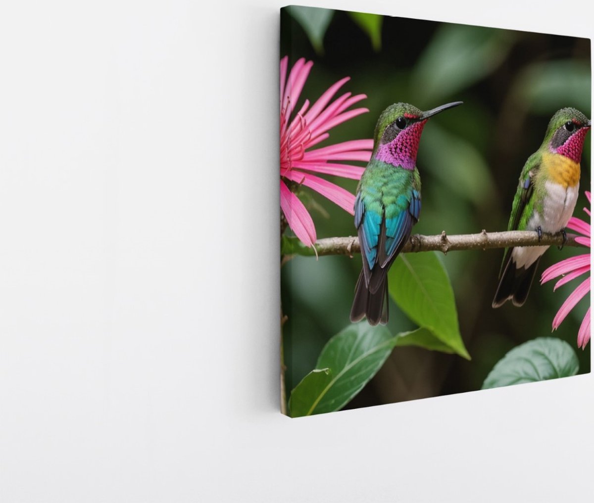 Saammp Canvas Schilderij - 2 Kolibries - Dieren - Bloemen - 100x100 - Foto op canvas - Wanddecoratie - muurdecoratie Woonkamer - Slaapkamer decoratie - Canvas Print Multicolor