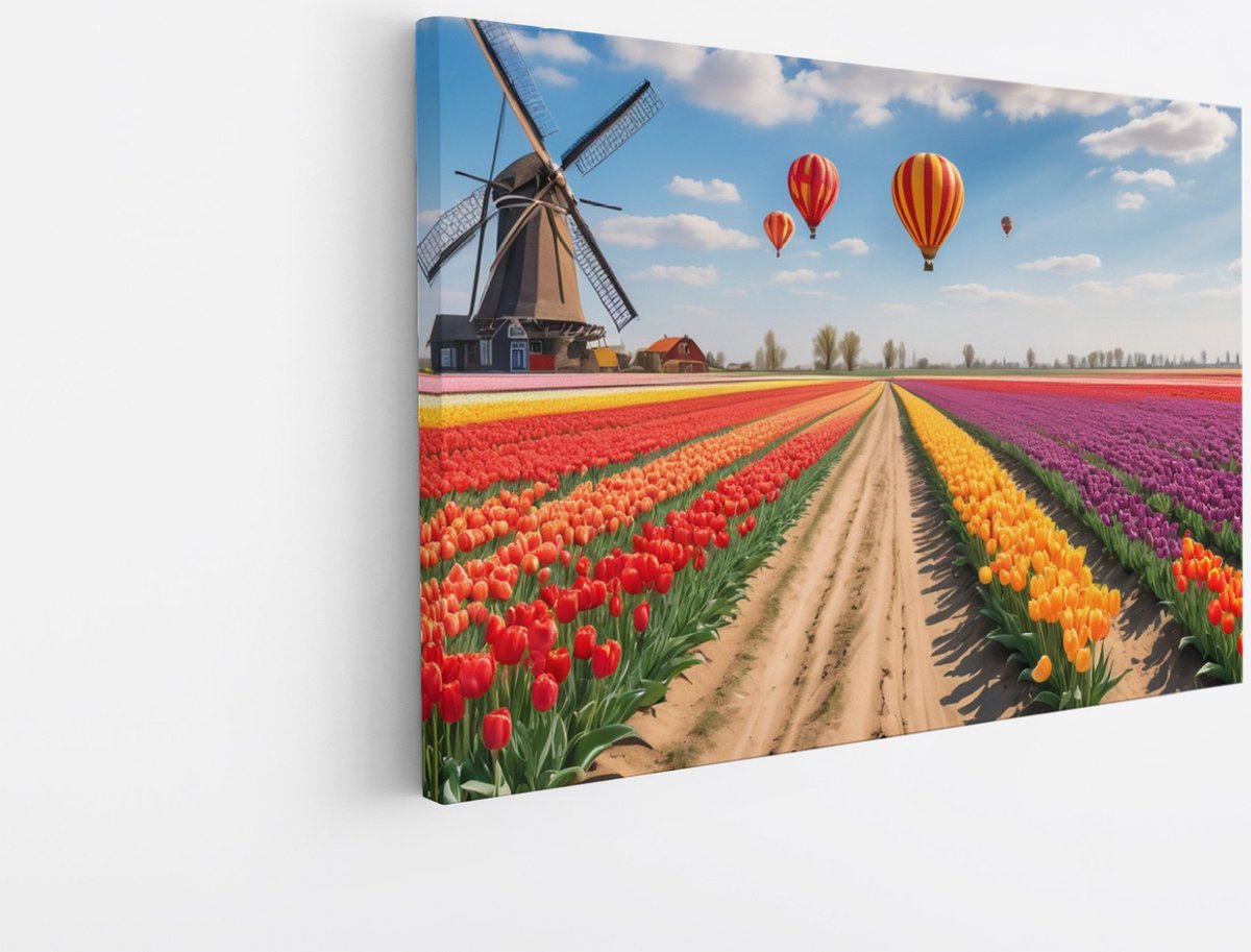 Saammp Canvas Schilderij - Landschap - Luchtballonnen boven een tulpenveld met een molen - Natuur - 90x60 - Foto op canvas - Wanddecoratie - Muurdecoratie Woonkamer - Slaapkamer decoratie - Canvas Print Multicolor