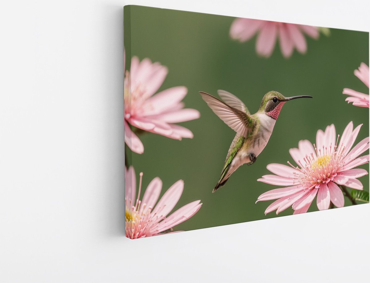 Saammp Canvas Schilderij - Kolibrie tussen de bloemen - Natuur - Dieren- 150x100 - Foto op canvas - Wanddecoratie - Muurdecoratie Woonkamer - Slaapkamer decoratie - Canvas Print Multicolor