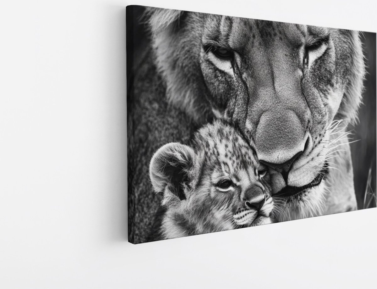 Saammp Canvas Schilderij - Leeuw met net jonge welp - Dieren - Natuur - 40x30 - Foto op canvas - Wanddecoratie - Muurdecoratie Woonkamer - Slaapkamer decoratie - Canvas Print Multicolor