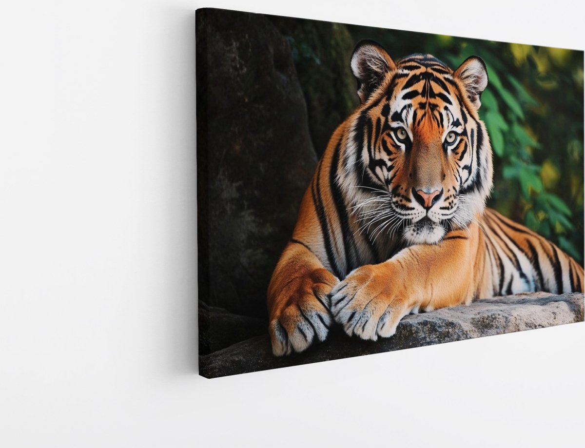 Saammp Canvas Schilderij - Tijger op Rots - Natuur - Dieren - 70x50 - Foto op canvas - Wanddecoratie - muurdecoratie Woonkamer - Slaapkamer decoratie - Canvas Print Multicolor