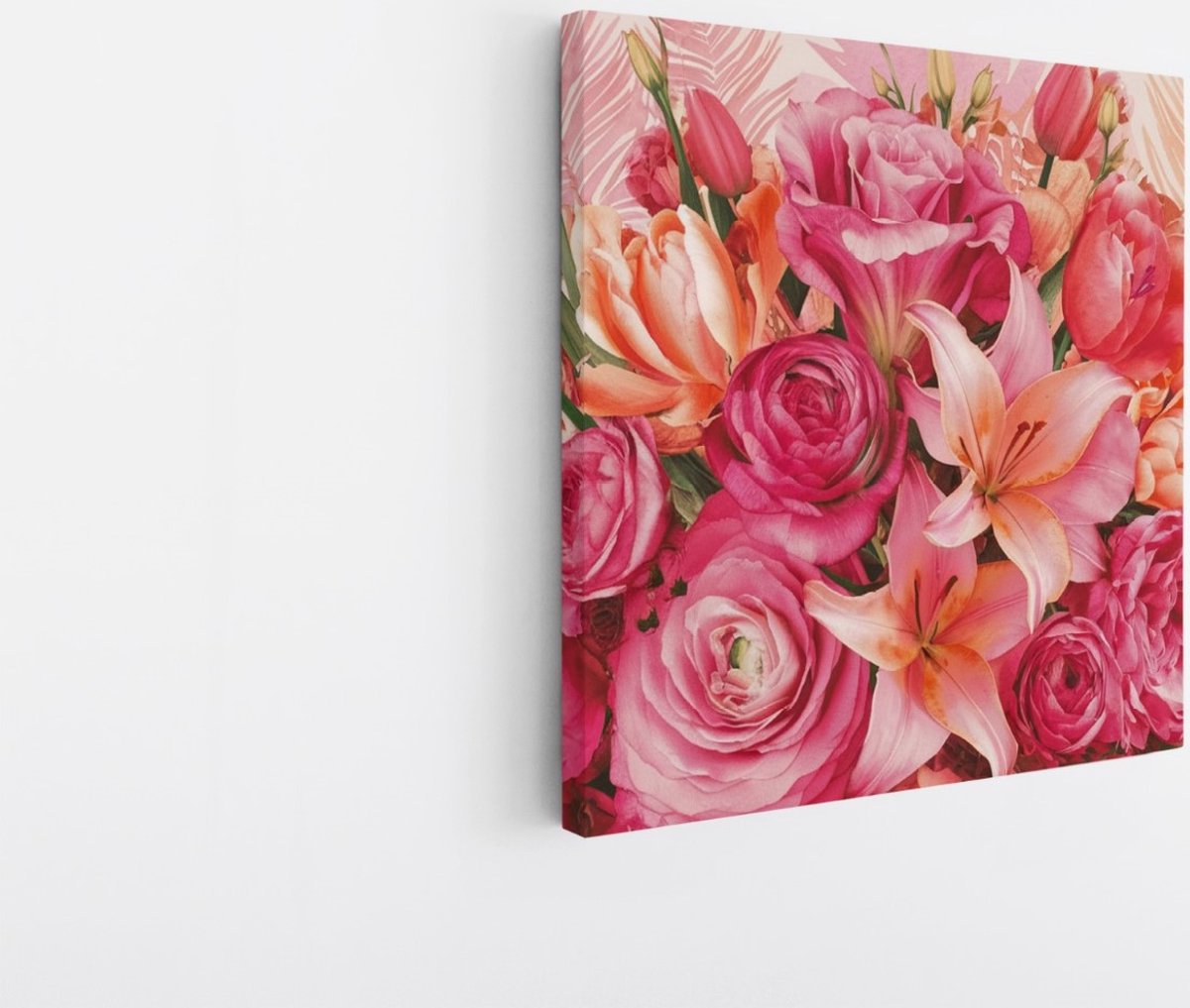 Saammp Canvas Schilderij - Bloemen Boeket Roze en Oranje - Natuur - Abstract - 20x20 - Foto op canvas - Wanddecoratie - Muurdecoratie Woonkamer - Kantoor Decoratie Multicolor