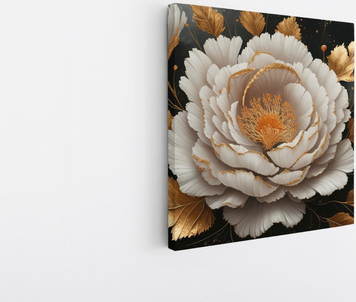 Saammp Canvas Schilderij - Witte Bloem - Goud - Zwart - Abstract - 30x30 - Foto op canvas - Wanddecoratie - Muurdecoratie Woonkamer - Kantoor Decoratie Multicolor