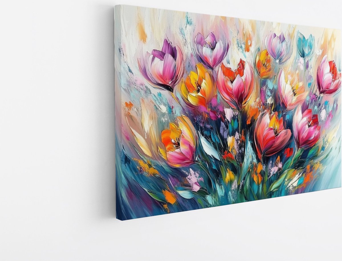 Saammp Canvas Schilderij - Kleurrijk Gekleurde Bloemen Schilderij - Abstract - 70x50 - Foto op canvas - Wanddecoratie - Modern Interieur - Woonkamer Decoratie Multicolor