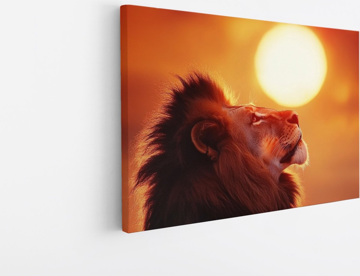 Saammp Canvas Schilderij - Leeuw met afrikaanse zon - Dieren - Natuur - 45x30 - Foto op canvas - Wanddecoratie - Muurdecoratie Woonkamer - Slaapkamer decoratie - Canvas Print Multicolor