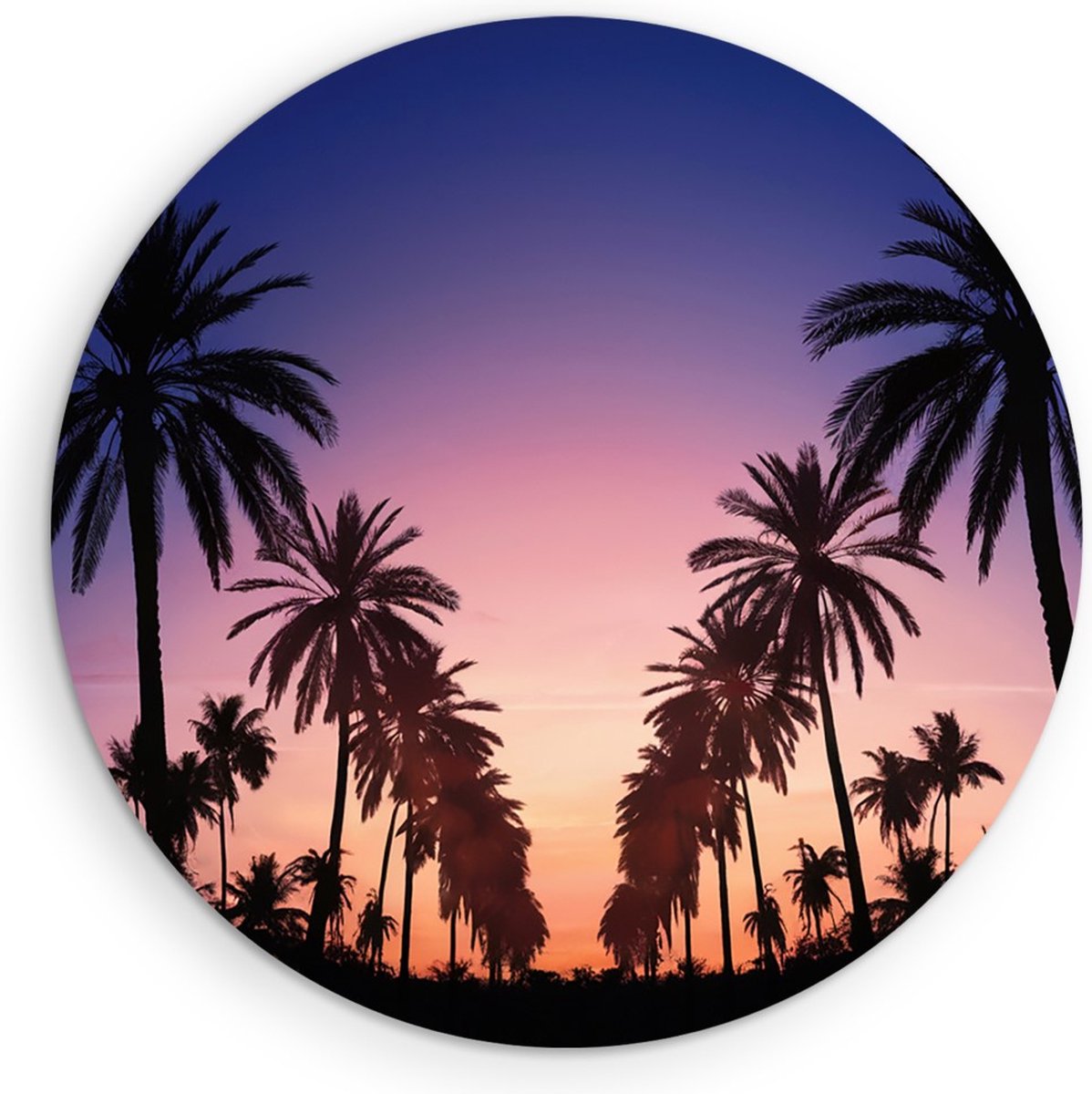 Saammp Muurcirkel Hout - Palmbomen met zonsondergang - Natuur - Ø 70 - Wandcirkel - Wanddecoratie Cirkel - Muurdecoratie Woonkamer - Slaapkamer decoratie - Rond Schilderij